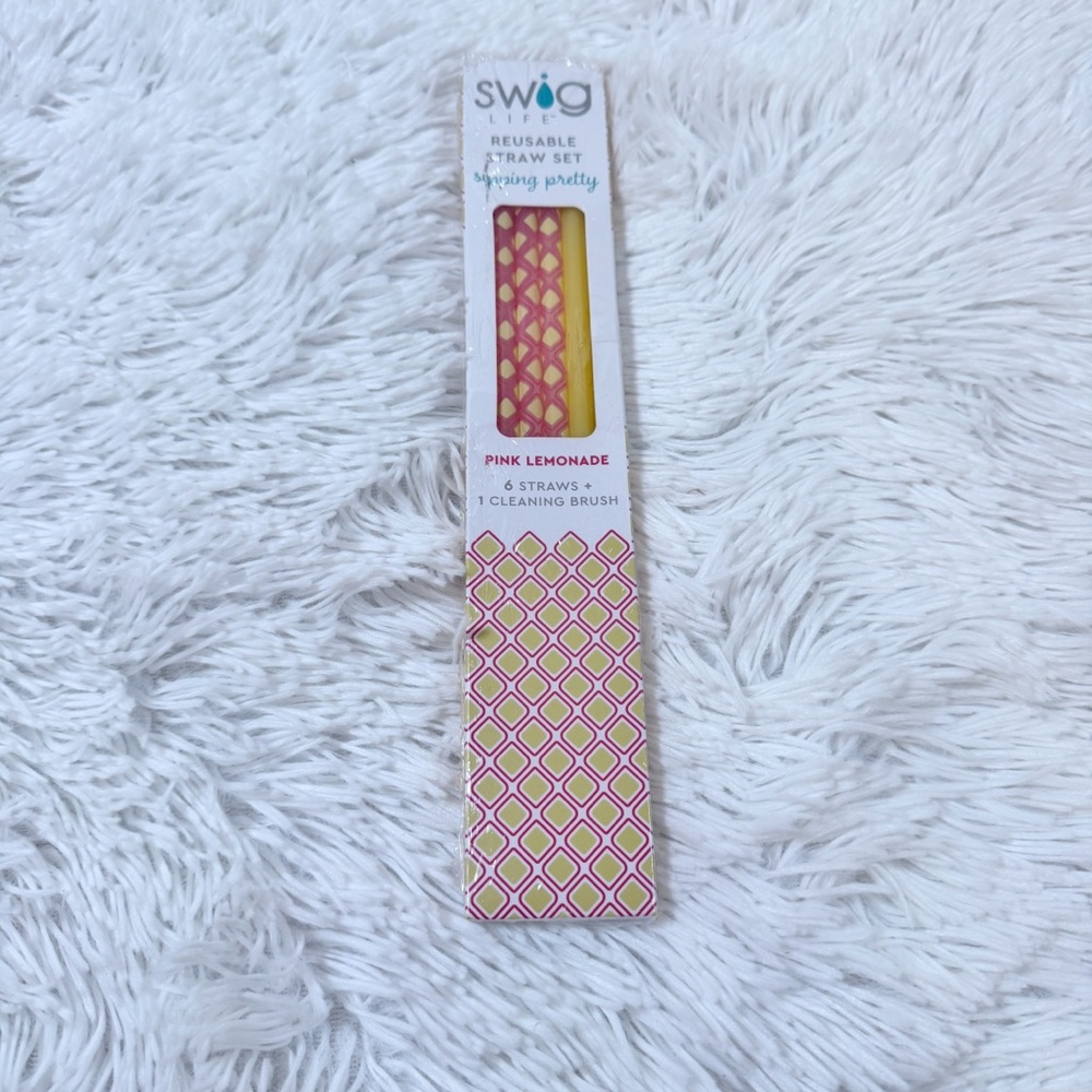 Swig Life NWT Pink Lemonade Reusable Straw Set include 6 straws 1 cleaning brush